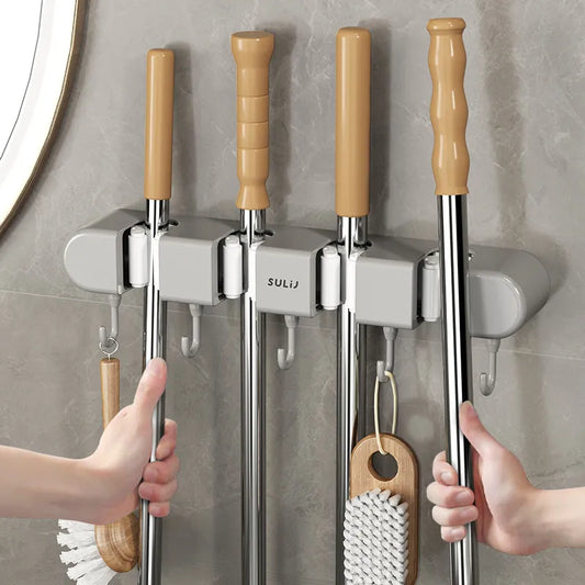Wall Mounted Mop Holder Multi-Functional Broom Hanger Shelf Home Kitchen Storage